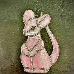 Vintage Stained Glass Pink Mouse Bunny Sun Catcher 
