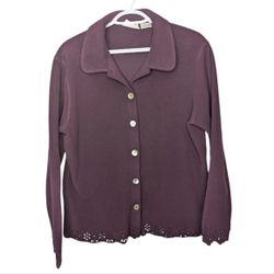 Vietage Plum Eggplant Purple Button Down Eyelet Detailed Soft Fleece