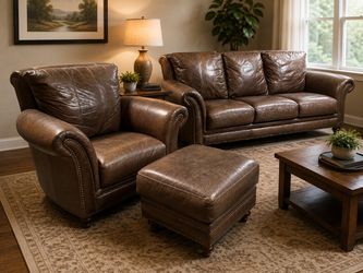 FAST SALE: 3pc Genuine Leather Living Room Set (Couch, Chair, Ottoman)