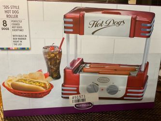 Nostalgia Red Retro Design 8 Hot Dog Roller and a Build-In Bun Warmer in the canopy
