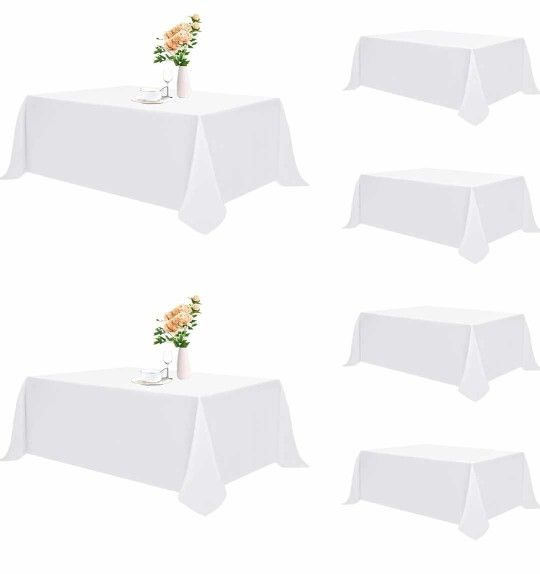 6 Pack White Rectangle Tablecloth 90 x 156 Inch, Reusable and Washable Table Clothes for 8 Foot Tables, Stain Resistant Polyester Fabric Table