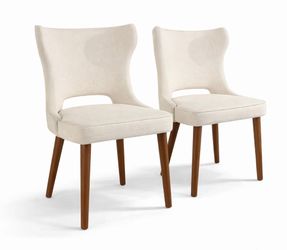 Upholstered Dining Chairs Set of 2 Beige Fabric Wood Legs Modern Accent Chairs