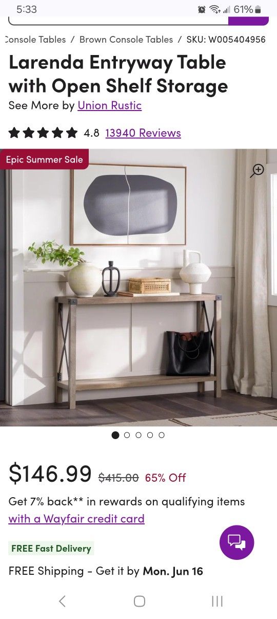 CONSOLE ENTRY TABLE $75