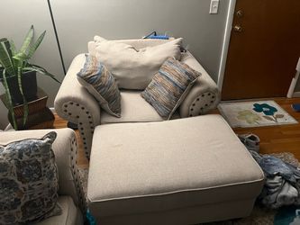 Three-piece love set and chair with storage ottoman