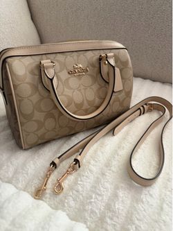 Coach Rowan Satchel in Signature Canvas in the Khaki/Chalk color with the detachable crossbody strap