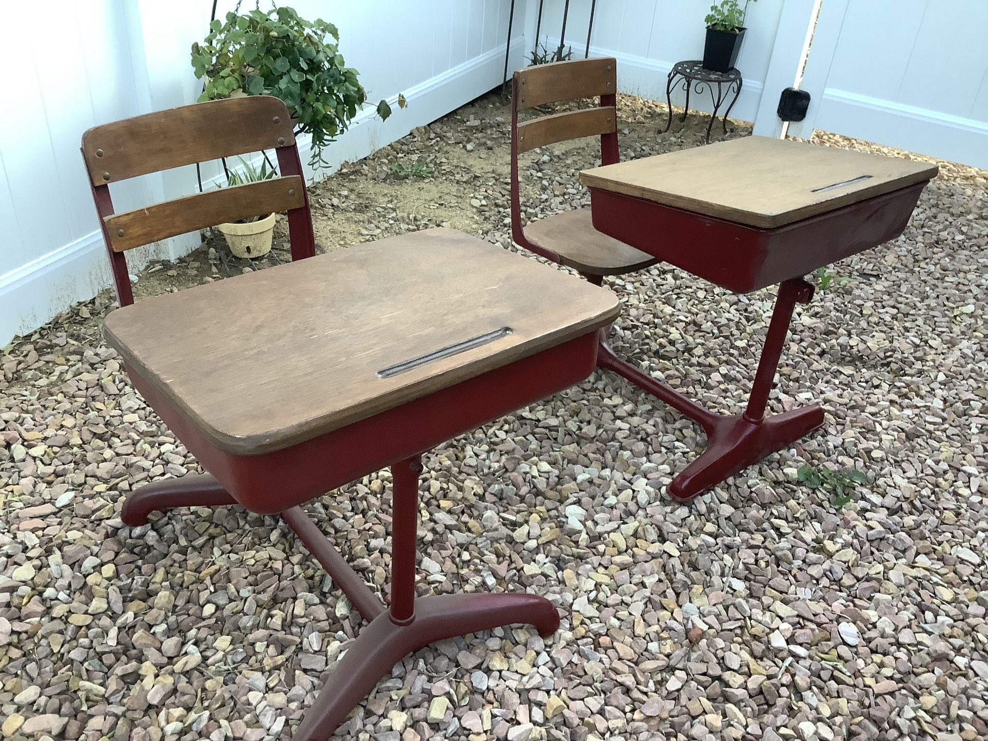 2 Vintage Adjustable School Desk and Chair for Preschool Elementary School Children Metal Wood ($ 180 Each
