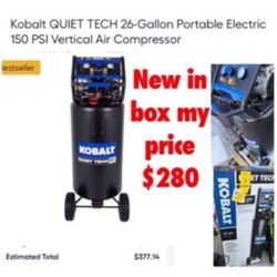 Brand new in  box Kobalt QUIET TECH 26-Gallon Portable Electric 150 PSI Vertical Air Compressor $280 firm don’t ask nothing lower cash only East Palmd