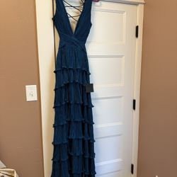 Dark Teal Satin Lace-Up Maxi Dress Lulus - size Medium - BNWT