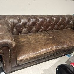 Real Natural Leather Studded Couch. Distressed Look