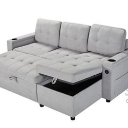 AMERLIFE 84 Inch Pull Out Couch, Tufted Sofa Bed with 2 USB Sockets & Cup Holders, L Shape Sectional Sleeper Sofa Bed with Storage Chaise- Light Grey