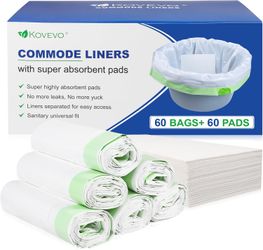 Kovevo 60 Pack Commode Liners with Absorbent Pads, 60 Bedside Commode Liners and 60 Commode Pads, Portable Toilet Liners for Commode Bucket