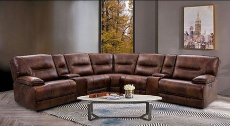 Brand New Brown Top Grain Leather Power Reclining Sectional With USB Charger