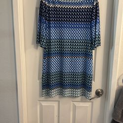 Donna Morgan Blue and Green Geometric Print Midi Dress