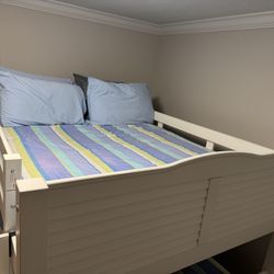 Full-Size Bunk Beds with Trundle — White Wood + 3 Mattresses — Like New — $550
