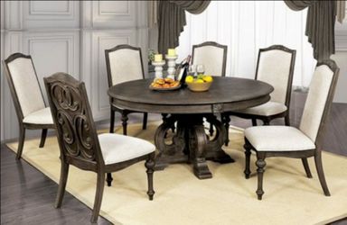 Brand New Rustic Natural Tone & Ivory 7pc Formal Dining Table Set