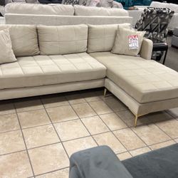 89” Beige Velvet Sectional Sofa Reversible