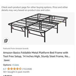 azon Basics Foldable Metal Platform Bed Frame with Tool Free Setup, 14 Inches High, Sturdy Steel Frame, No Box Spring Needed, Queen, Black 