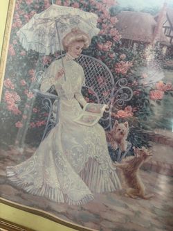 Lee Dubin Signed Victorian Rose Garden Lady And Dogs Framed Print