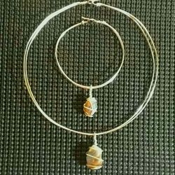 Silver Choker With White And Beige  Floating Pendant And Matching Bracelet 
