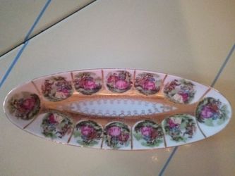 Vienna 1102 Oblong servers with Romantic Courting Pink Victorian 10" Gold Gilded Japan 1950s