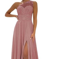 One Shoulder Lace Bridesmaid Dresses Long for Wedding A-Line Chiffon Slit Formal Party Gown with Pockets