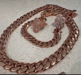 Miami Cuban Link Rose Gold Necklace Bracelet & Ring Set