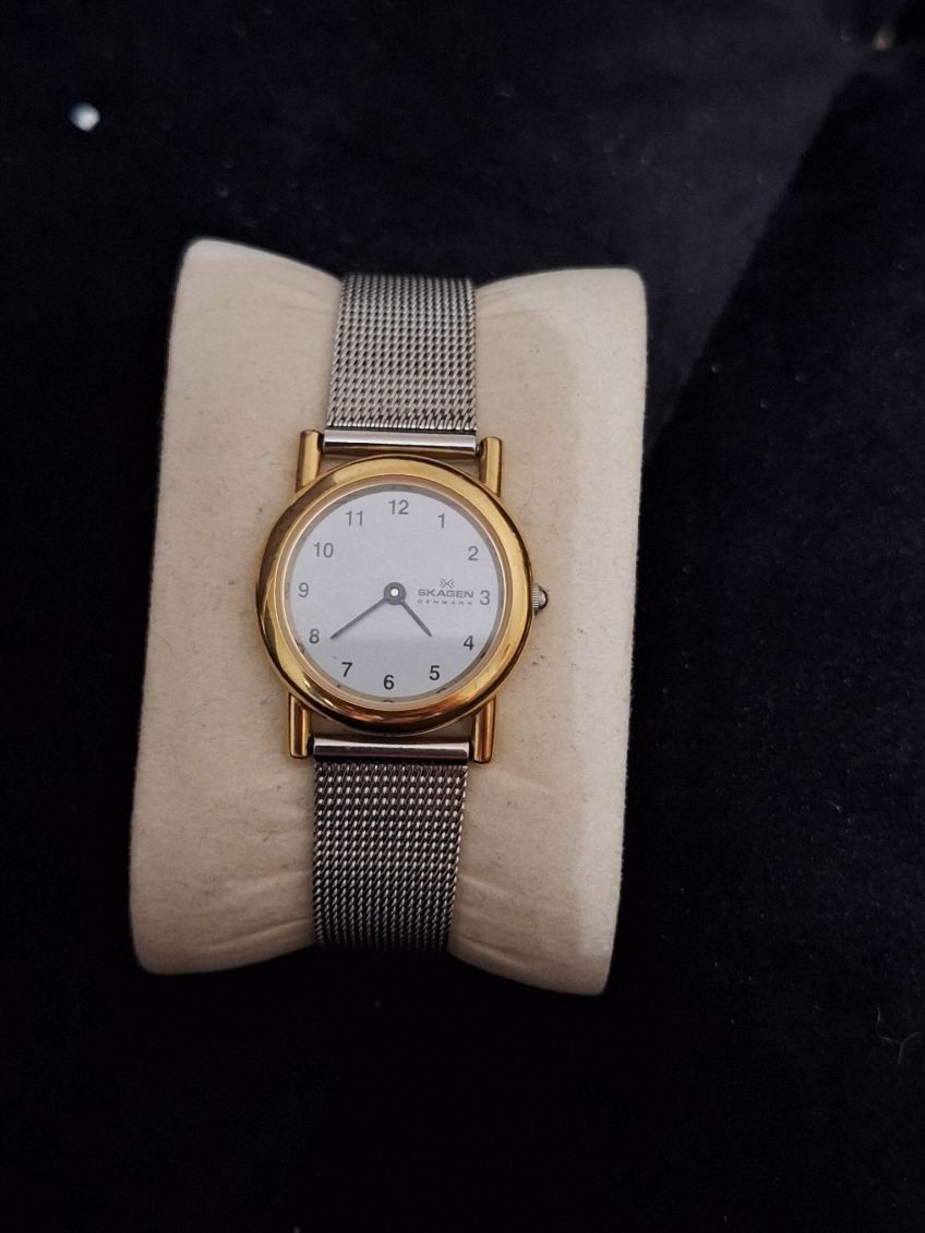 Skagen Denmark Women's Watch Two Tone Case Silver Bracelet White Dial Running