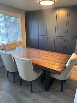 84” x 42”  big solid wood dinning table with bench and chairs