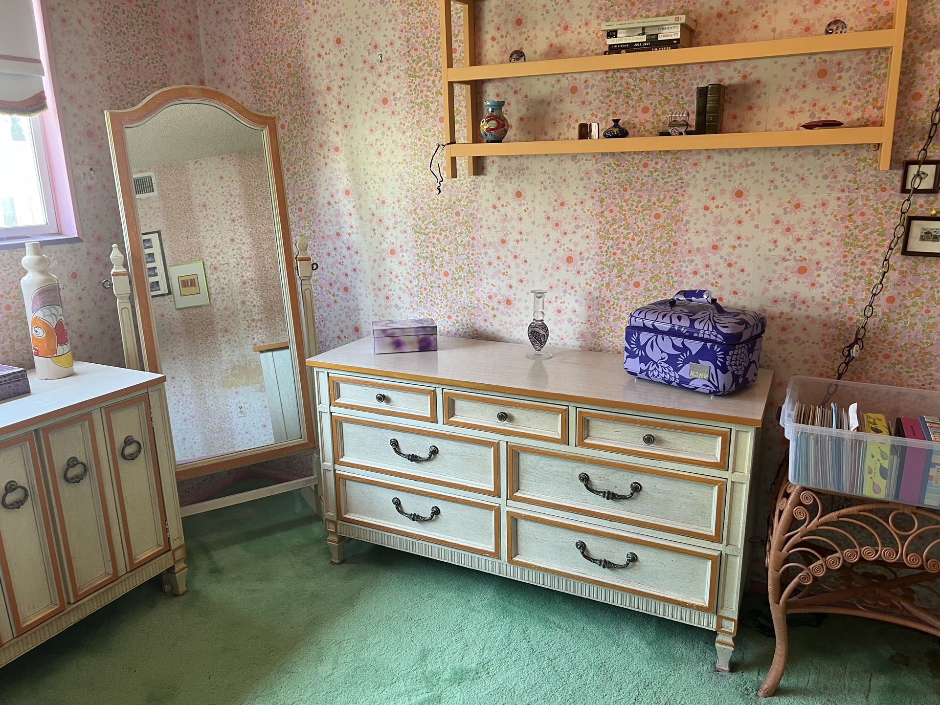 Vintage 1970s French Provincial Bedroom Set 5 Pieces Bohemian Mirror Chair Desk Dresser Mid Century