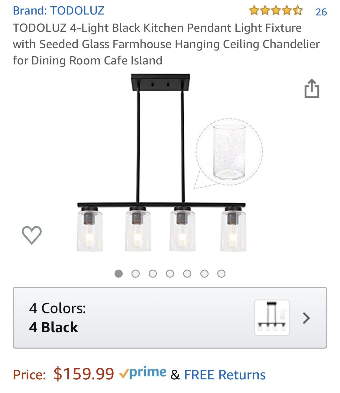 TODOLUZ 4-Light Black Kitchen Pendant Light Fixture with Seeded Glass Farmhouse Hanging Ceiling Chandelier for Dining Room Cafe Island