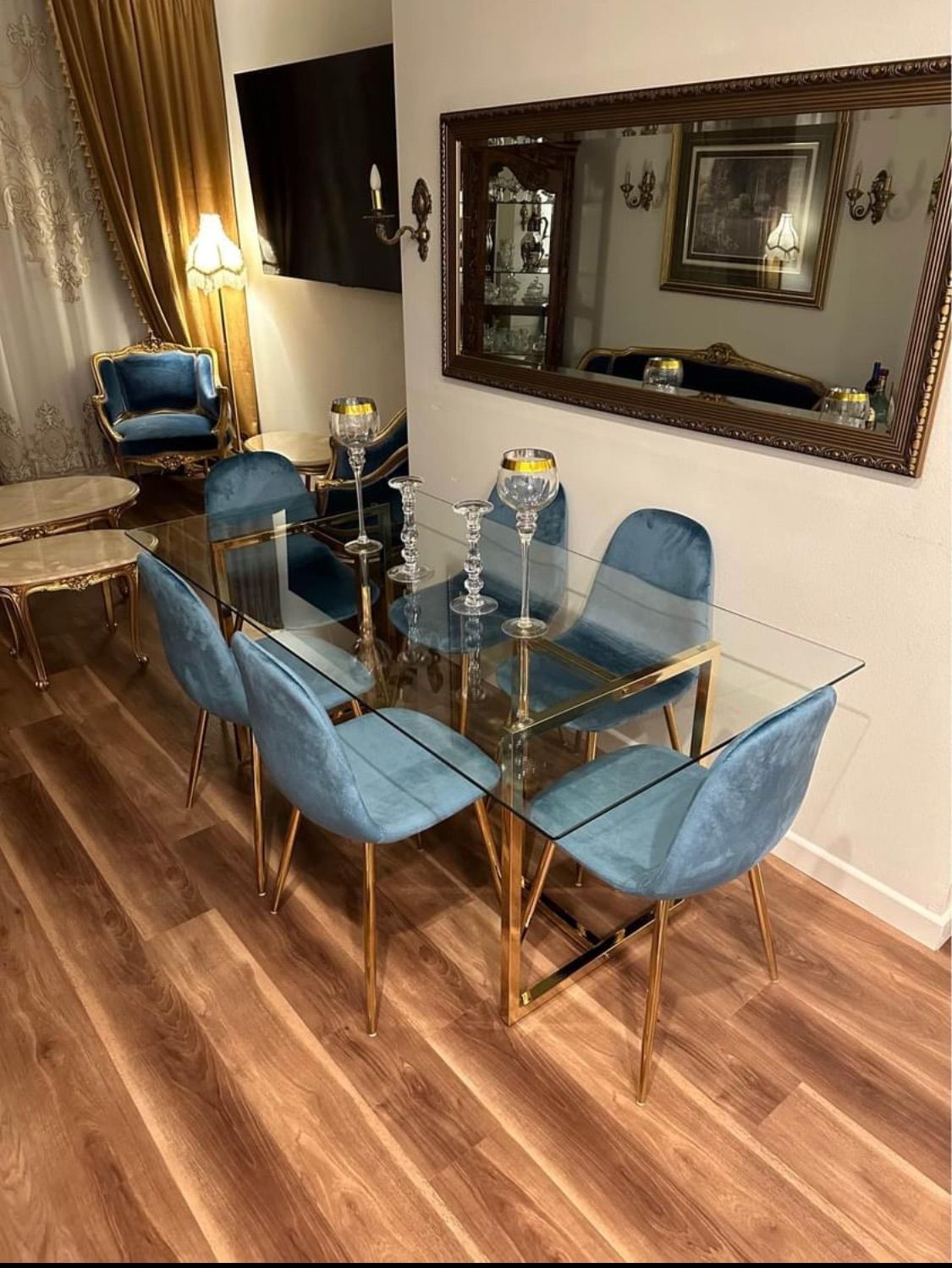 Big Glass Dining Table and 6 Blue Chairs