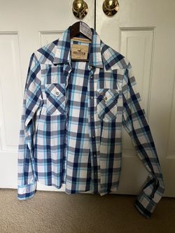 Hollister White Blue Navy Cyan Plaid Shirt Sized Medium