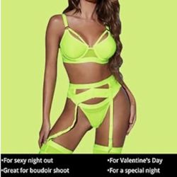 Medium Neon Green Garter Lingerie for Women,Sexy Lace Lingerie,Sheer Matching 4 Piece Lingerie Set