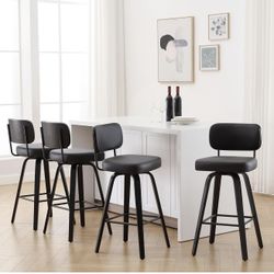 （sets of 4）Swivel Bar Height Stools, Upholstered Faux Leather Barstools with Back, 29" Seat Height Tall Bar Stools for Kitchen Counter, Black Wood Fra