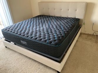 Beautyrest King Extra Firm Mattress + Luxury Upholstered Bed – Like New