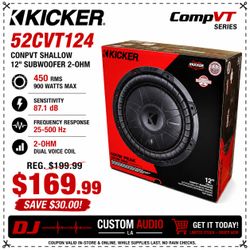 Kicker CVT12 CompVT Series Shallow 12 Inch Subwoofer 900 Watts CVT12 52CVT124 🚨 Payment Options Available 🚨 No Credit Needed 🚨