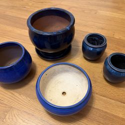 Assortment Of 5 Blue Plant Pots