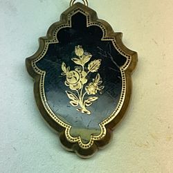 Antique Victorian Locket Pendant Brooch Black Enamel with Floral Design Rear Picture Compartment 