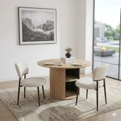 Brand New Oak Round Table With 2 Teddy Fabric Dining Chairs 