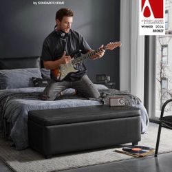 Storage Ottoman Bench, Entryway Bedroom Bench, 25 Gallons, Synthetic Leather with Stitching, Mid-Century Modern, Safety Hinges, Loads 660 