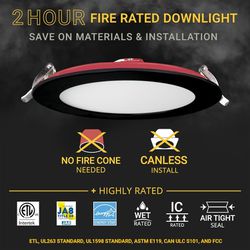 NUWATT 6 Inch 2 Hour FIRE Rated LED Recessed Light, Selectable 2700K/3000K/3500K/4000K/5000K
