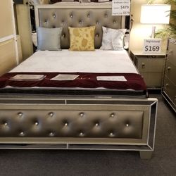 Brand New Silver Mirrorred Queen Bedframe + Dresser + Mirror + Nightstand 4PCs Set