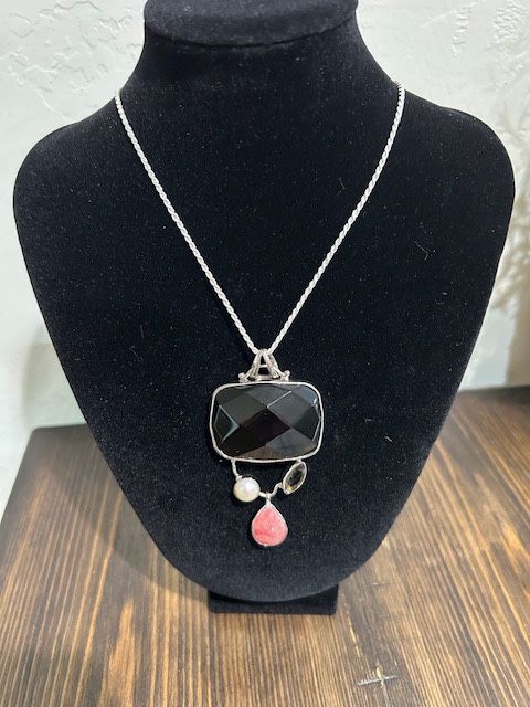 New, Sterling Silver Pendant with a large Black Obsidian, a Smoky Quartz, a Rhodochrosite and a Fresh Water Pearl on an 18-in SS Chain
