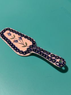 Boleslawiec Polish Pottery Cake Server Signed I Moskalek Blue Tulip Pattern 021