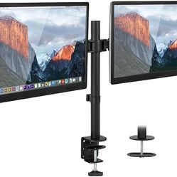 Dual Monitor Mount Double Monitor Desk Stand Two Heavy Duty Full Motion Adjustable Arms Fit 2 Computer Screens 17-27 Inch C-Clamp and Grommet Base