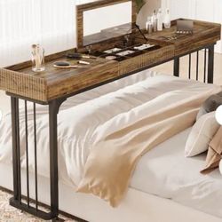 Rectangular Brown Wood Overbed Table Computer Desk with Wheels Storage Mirror