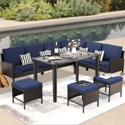 7-Piece Outdoor Furniture Set,outdoor dining table set,Waterproof Cushion,glass table,Modern blue design for backyard, patio or garden