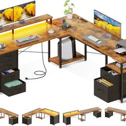 66" L Shaped Computer Desk, 113“ Reversible Home Office Desk with File Cabinet & 4 Fabric Drawers, Two Person Desk with LED Lights & Power Outlet, Cor