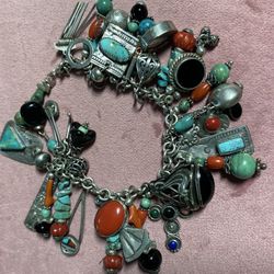 Native  American Sterling Silver  Heavy Charm Bracelet