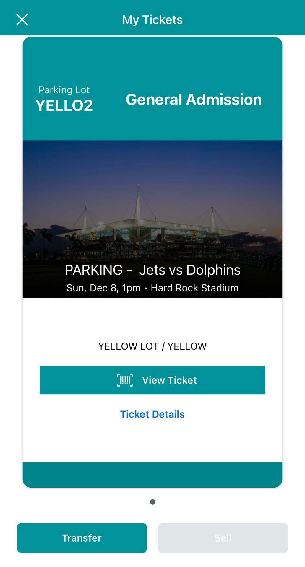 Parking Pass Miami Dolphins vs NY Jets. Dec 8th